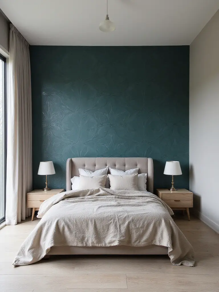 Modern bedroom featuring a dramatic dark teal geometric wallpaper accent wall behind the bed.