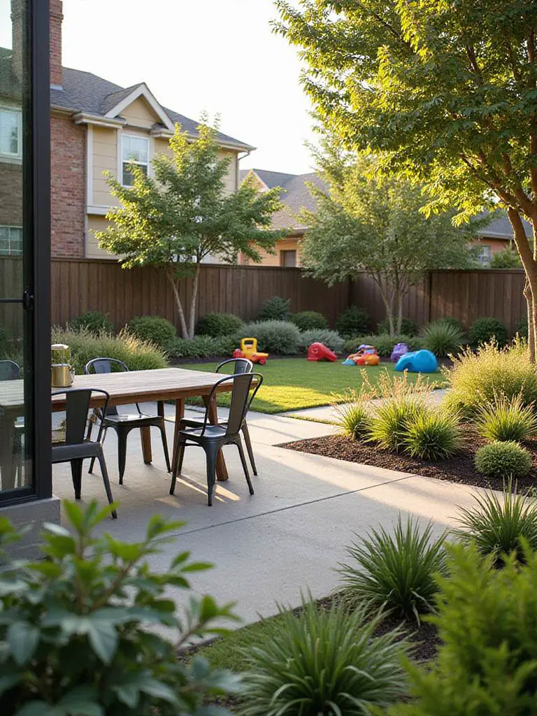 A beautifully designed backyard showing distinct zones for dining, play, and gardening.