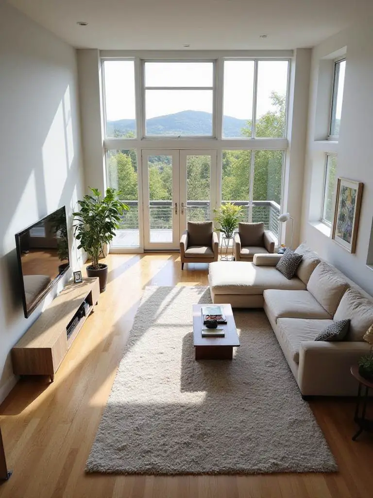 Spacious modern living room with distinct conversation and reading zones defined by furniture and rugs.