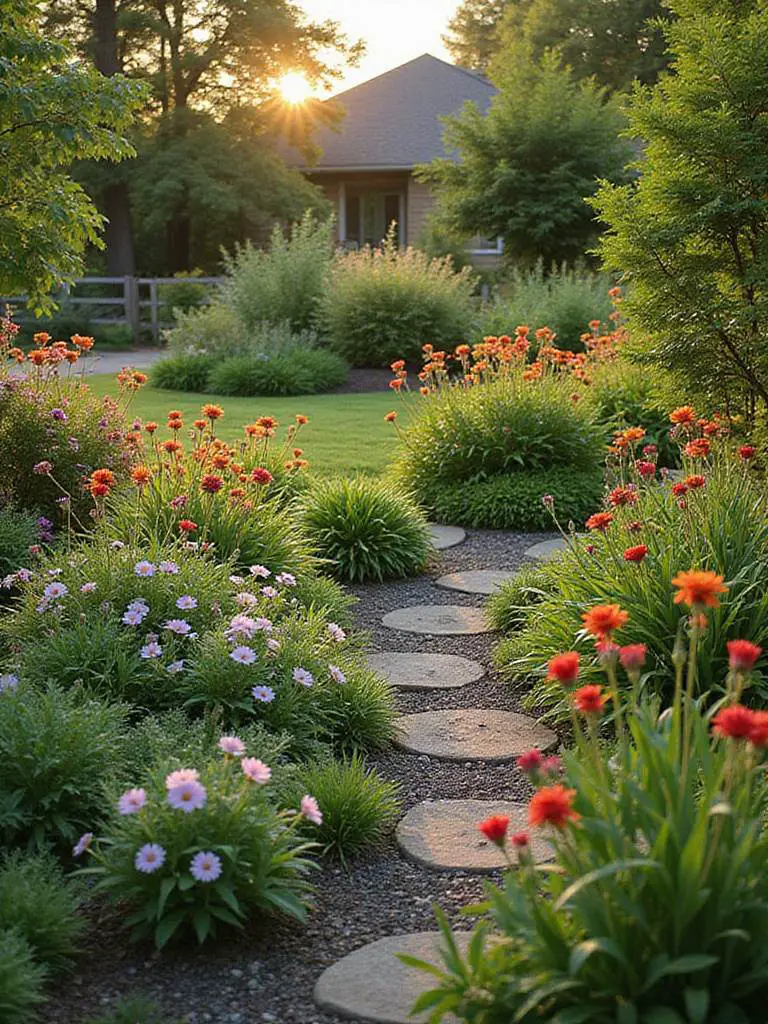 A beautifully landscaped backyard with a variety of native plants suitable for a temperate climate.