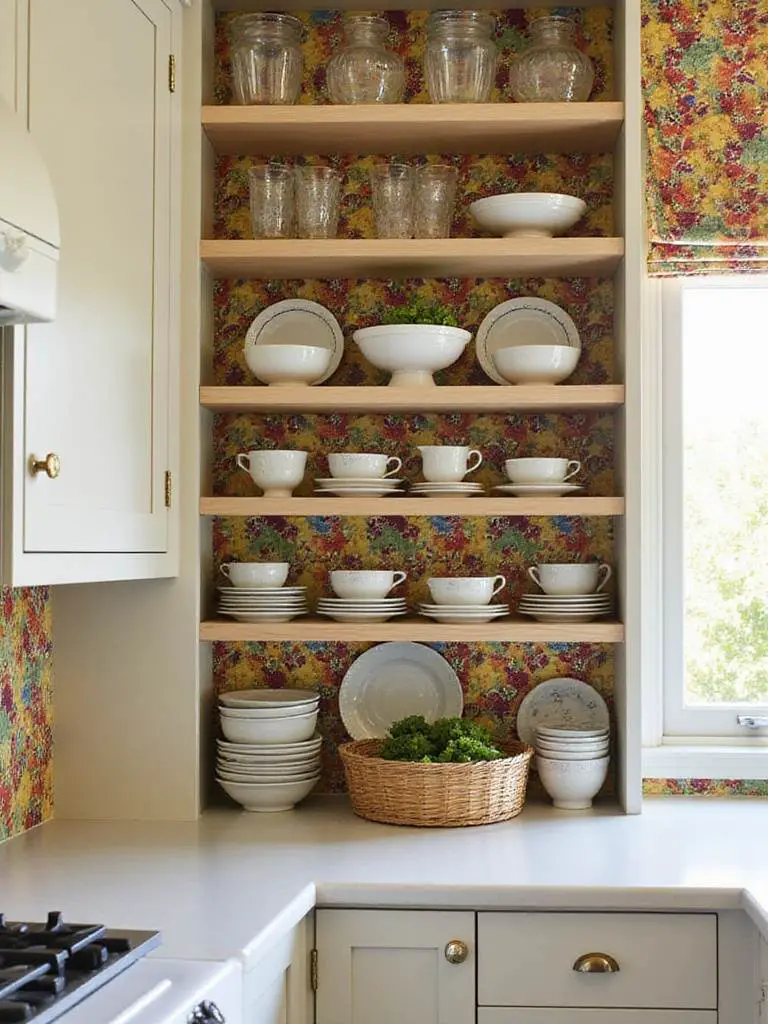 Stylish kitchen cabinet interior with patterned wallpaper and neatly arranged dishes