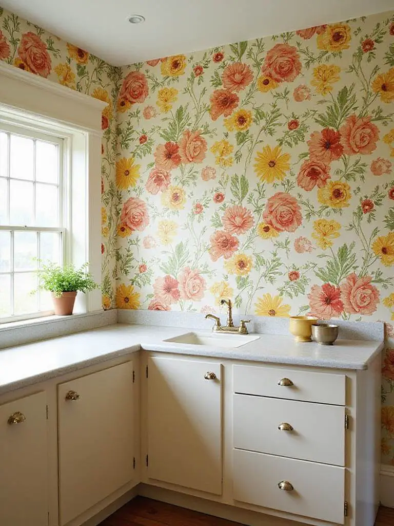 Stylish kitchen with retro floral wallpaper accent wall