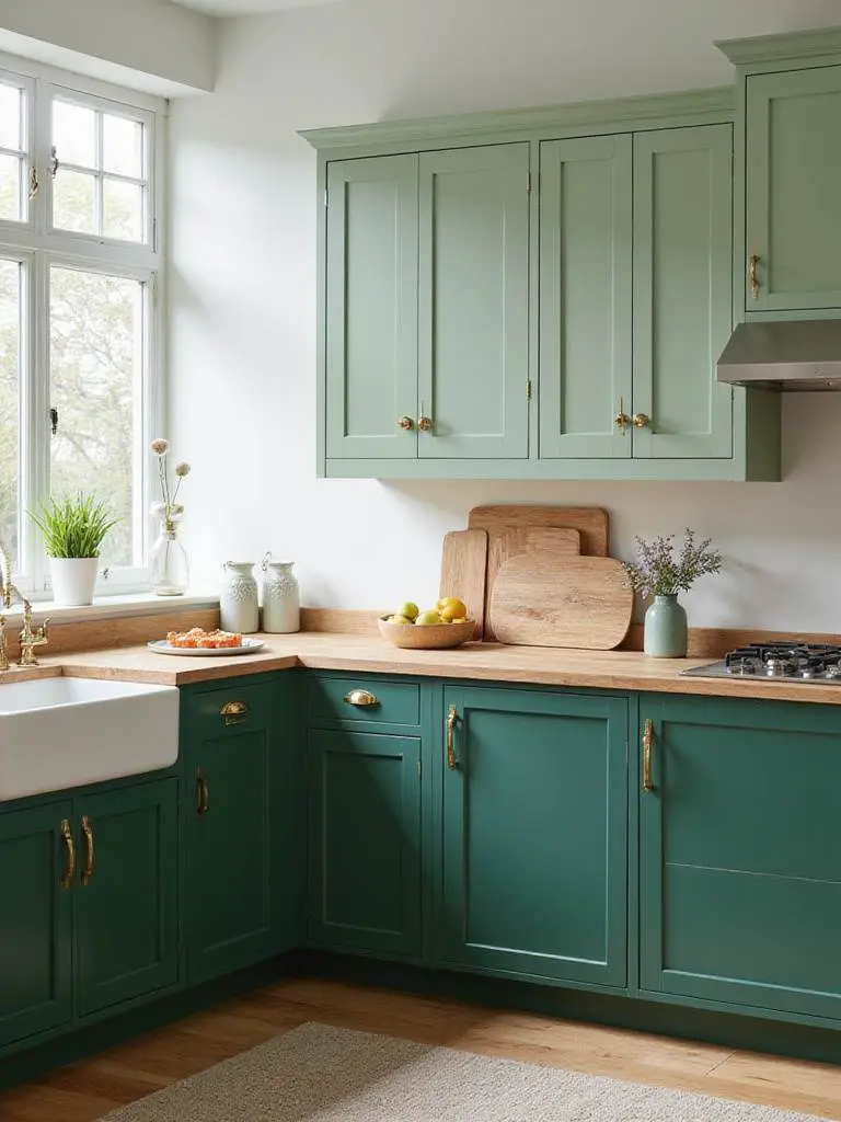 Modern kitchen with two-tone green cabinets featuring sage green upper cabinets and forest green lower cabinets.