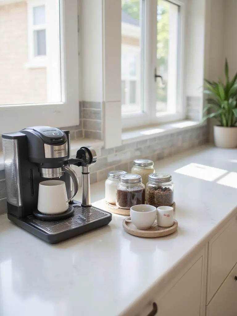 A stylish kitchen coffee and tea station with a coffee machine, kettle, mugs, and canisters on a countertop, showcasing a dedicated beverage corner.