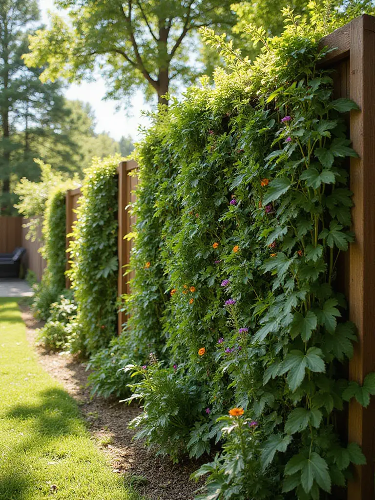 A lush vertical garden filled with green plants and colorful flowers covers a wooden fence in a sunny backyard.