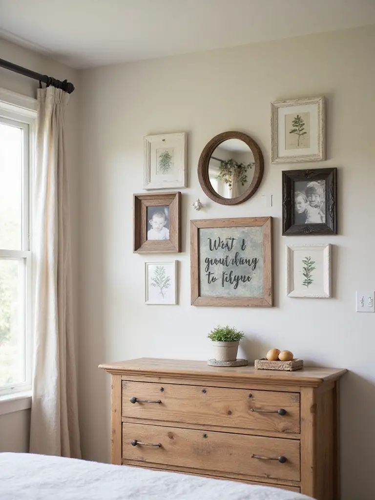 Rustic gallery wall with mixed frames and art above a wooden dresser in a cozy farmhouse bedroom.