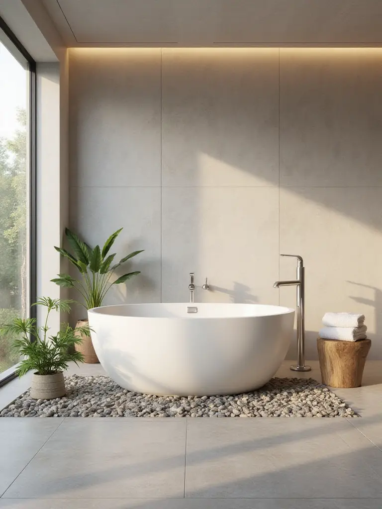 A modern bathroom designed with a spa-like atmosphere, featuring a white soaking tub, natural wood accents, soft neutral tiles, plush towels, and ambient lighting.
