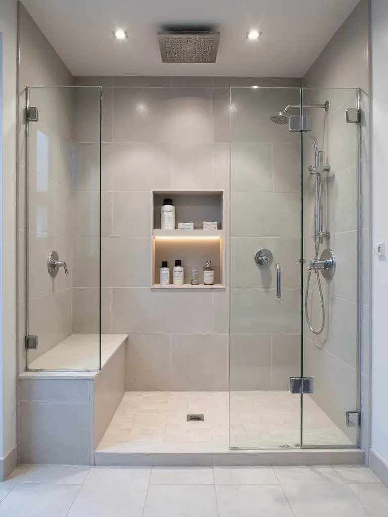 Luxurious spa-like walk-in shower with rain showerhead, body jets, built-in bench, and large format grey tile.