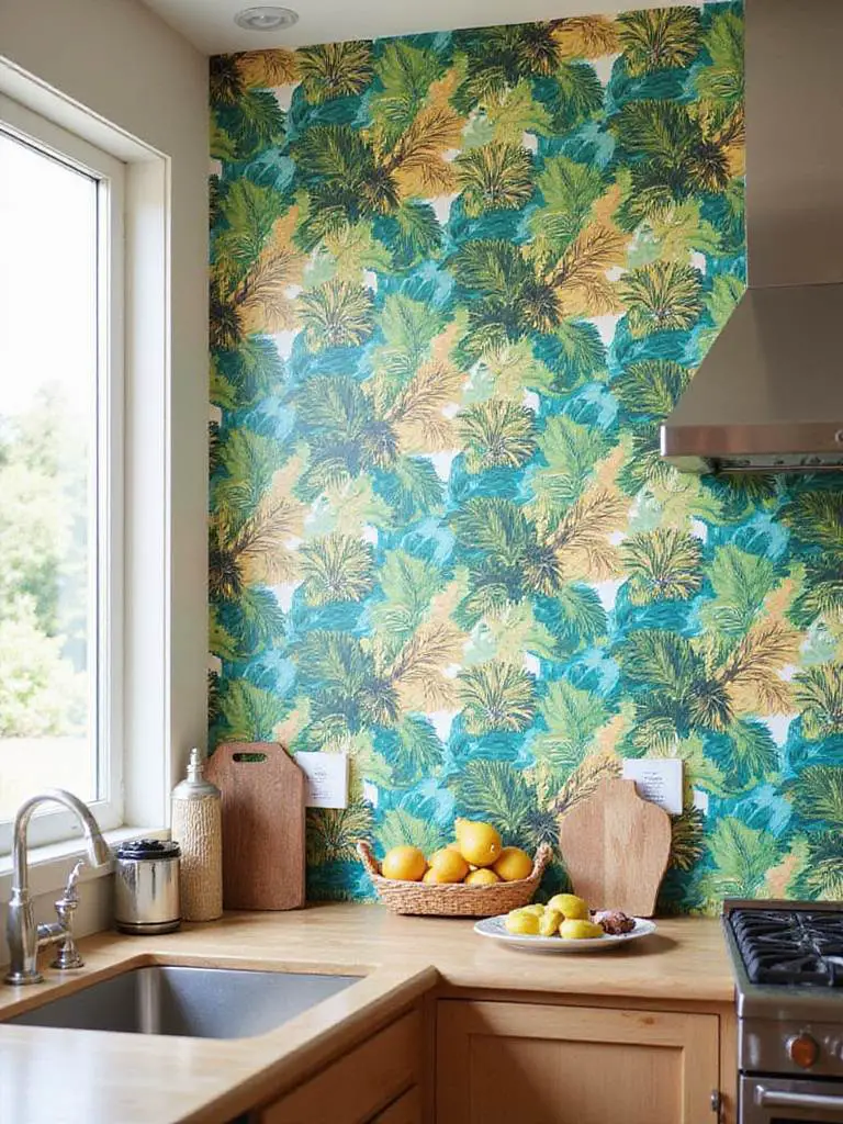 Stunning kitchen accent wall with tropical peel-and-stick wallpaper.