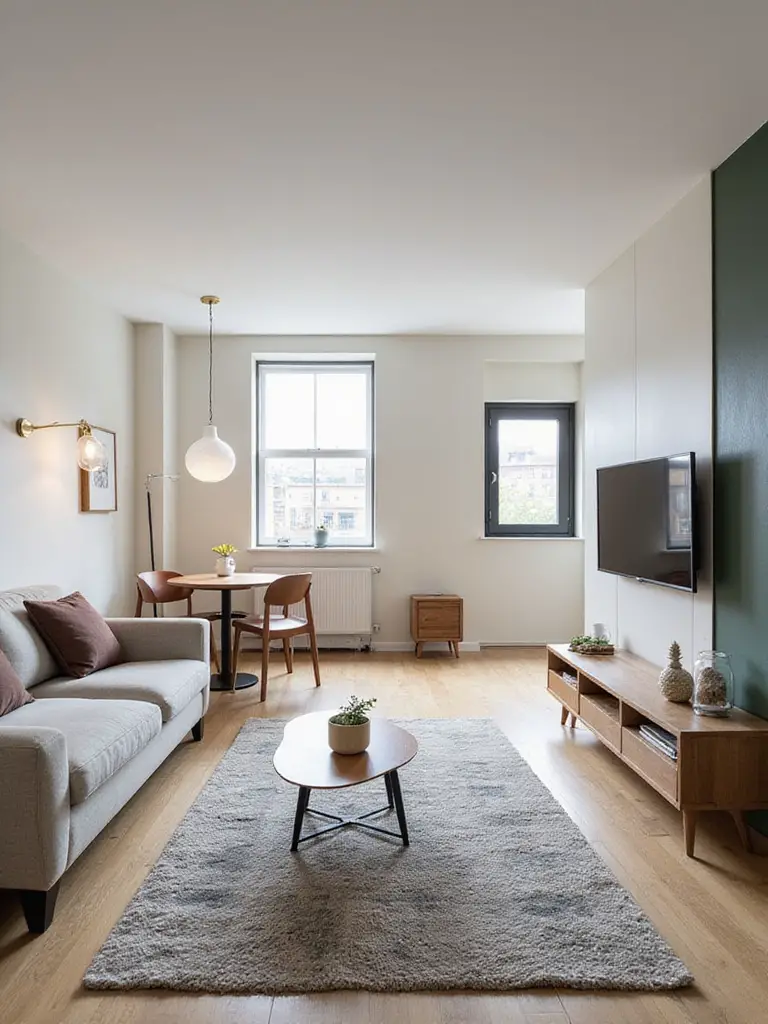 A contemporary apartment living room interior showing distinct zones for seating (with rug and sofa) and dining (with table and chairs), separated by furniture placement.