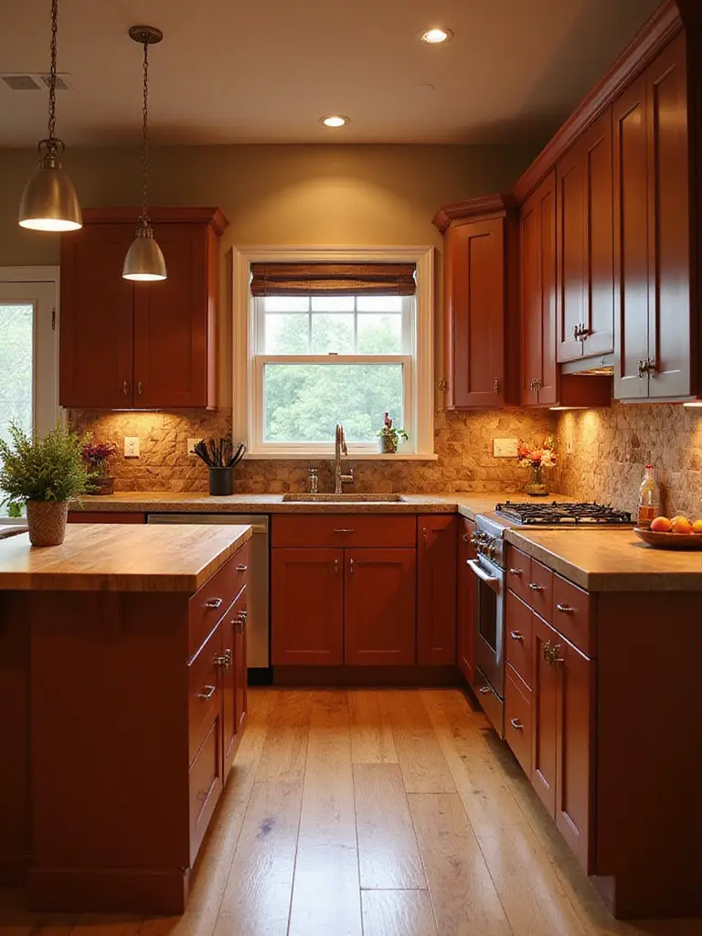 A cozy kitchen featuring warm terracotta cabinet colors, a wood island, and natural light, creating a welcoming and intimate atmosphere.