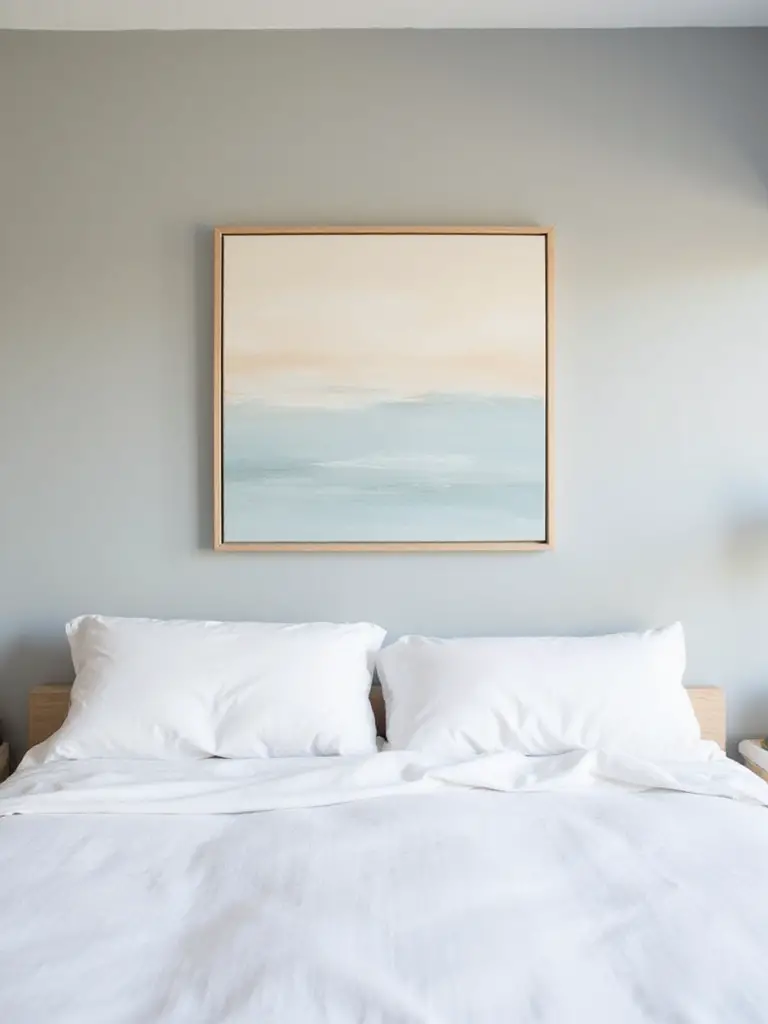 Minimalist bedroom with a single abstract painting above the bed.