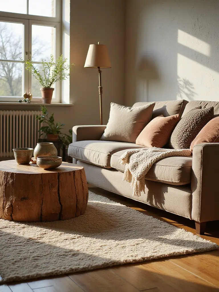 A living room featuring layered textures for visual interest, including a soft rug, textured pillows and throws on a sofa, a textured coffee table, and subtle wall textures.