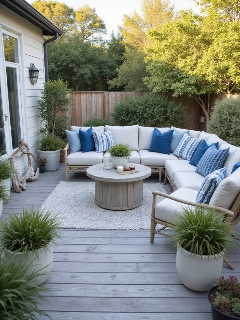 A cohesive coastal-themed backyard patio featuring weathered wood furniture, blue and white cushions, and beach-inspired decor under warm sunlight.