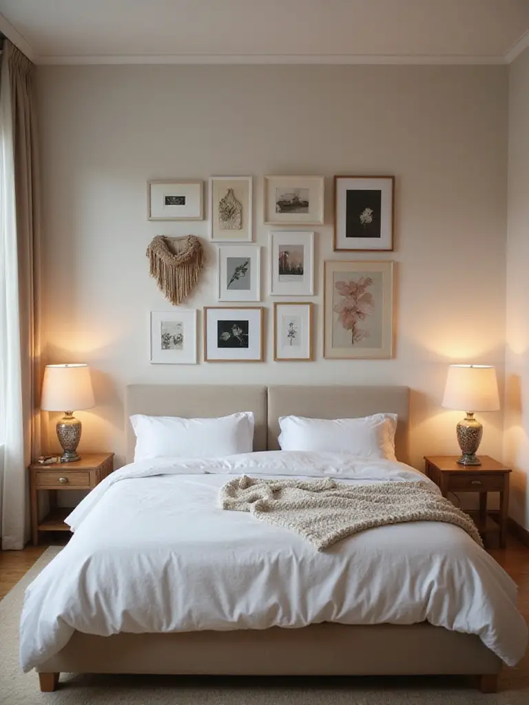 A dreamy bedroom featuring a large bed with a gallery wall of mixed framed art, photos, and decor pieces hung above the headboard.