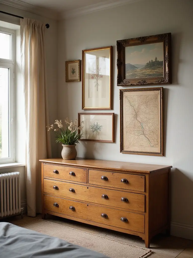 A bedroom wall displaying a curated collection of framed vintage art, including a botanical print, antique map, and landscape painting, arranged above a wooden dresser in soft, natural light.