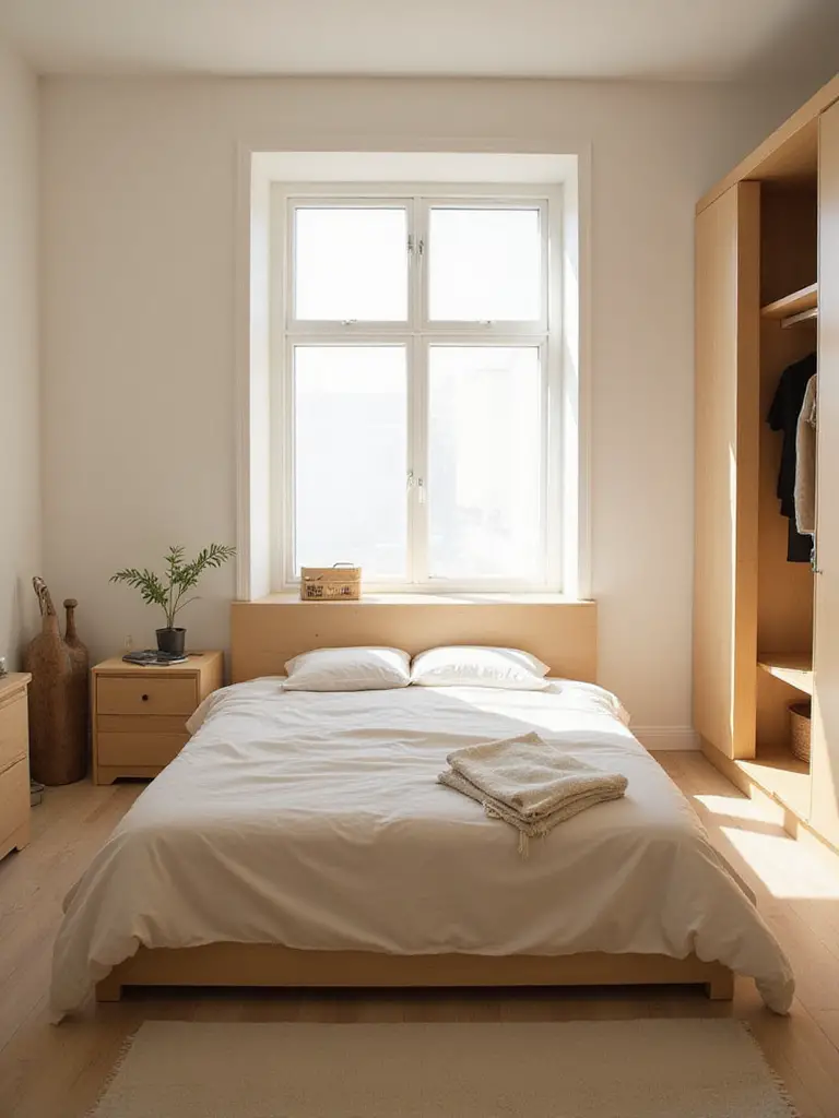 A serene, decluttered bedroom with soft natural light, featuring a tidy bed and clear surfaces, representing a peaceful and organized space.