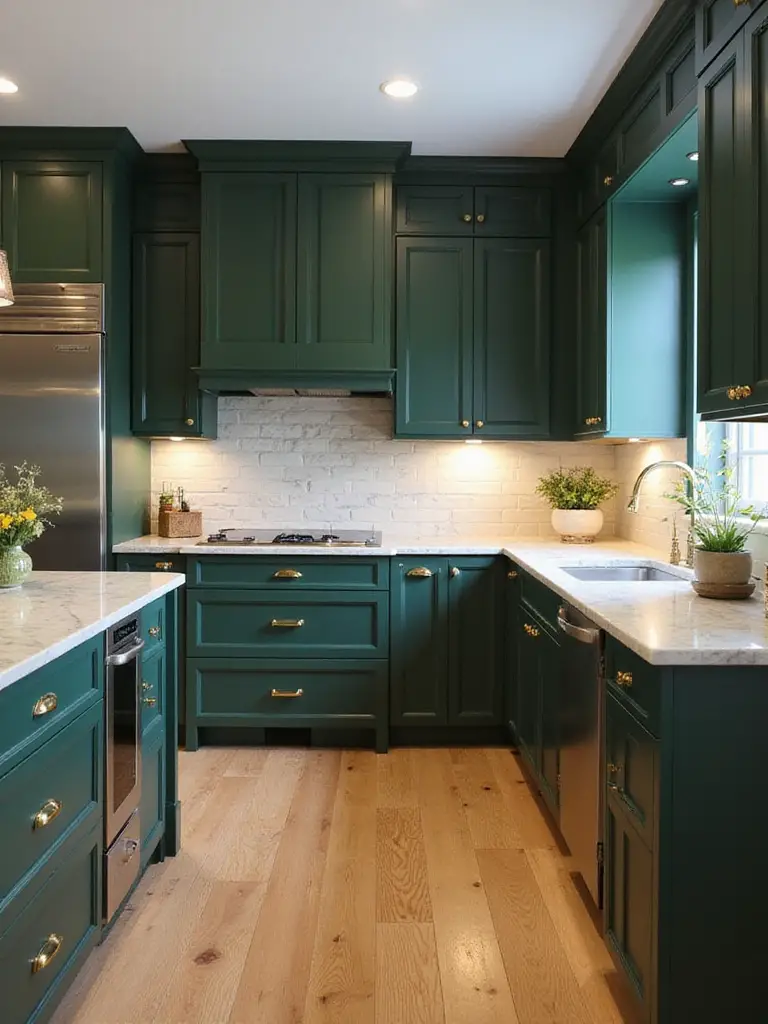 Luxurious kitchen featuring deep forest green shaker cabinets, light marble countertops, and brass hardware.