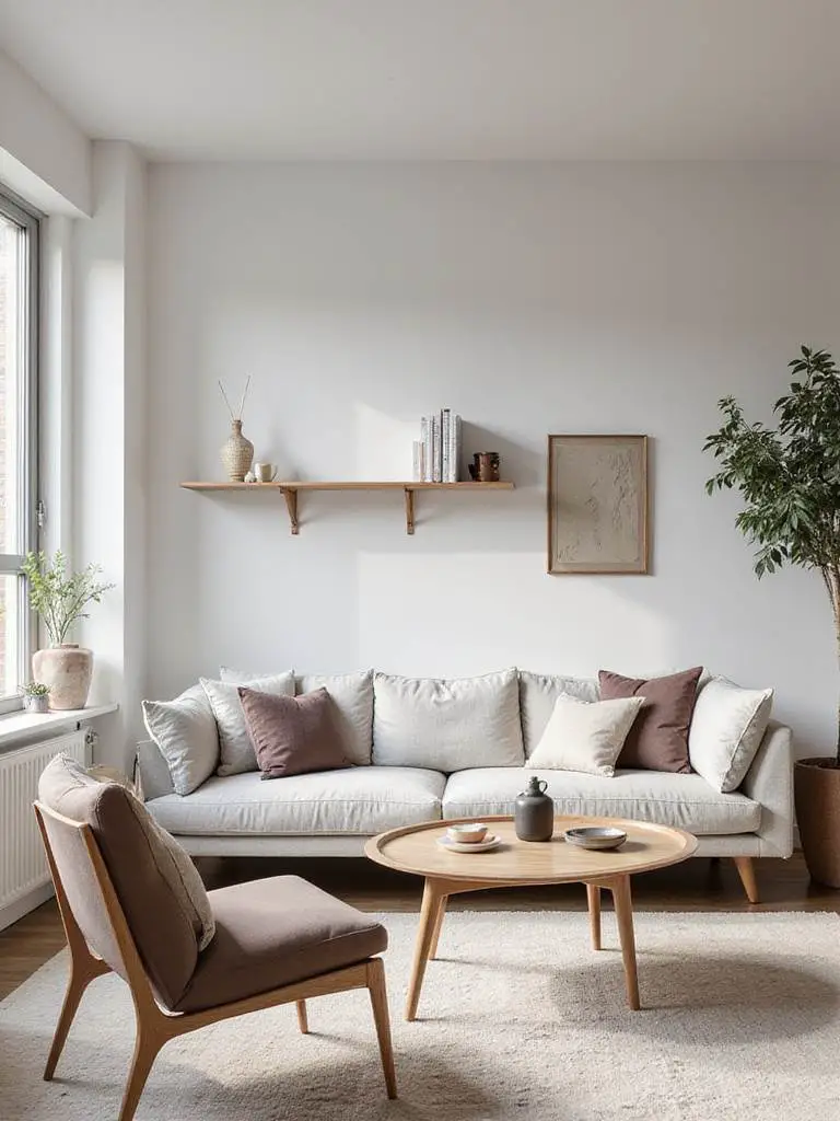Living room with cohesive Scandinavian furniture style: gray sofa, wood table, neutral colors, natural light.