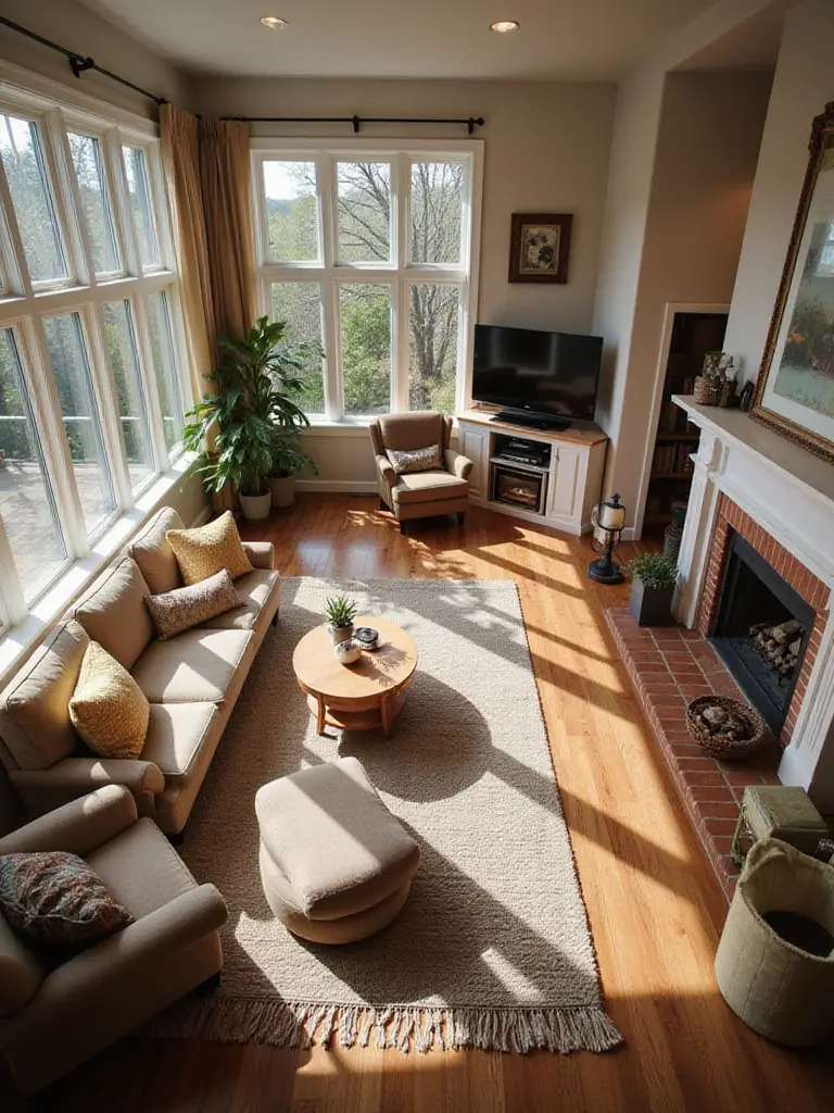 A functional and inviting living room interior designed with distinct zones for reading, conversation, and entertainment, illustrating the importance of defining a space's purpose.