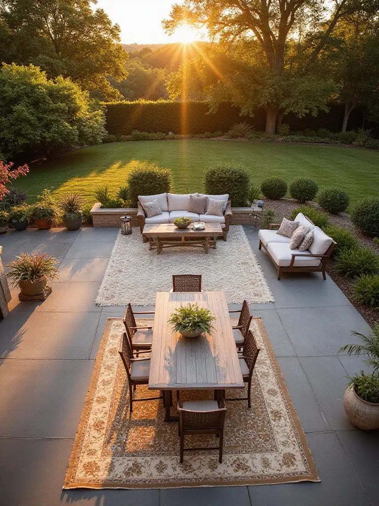 A stylish backyard patio divided into dining and seating areas using large outdoor rugs, bathed in warm sunset light.