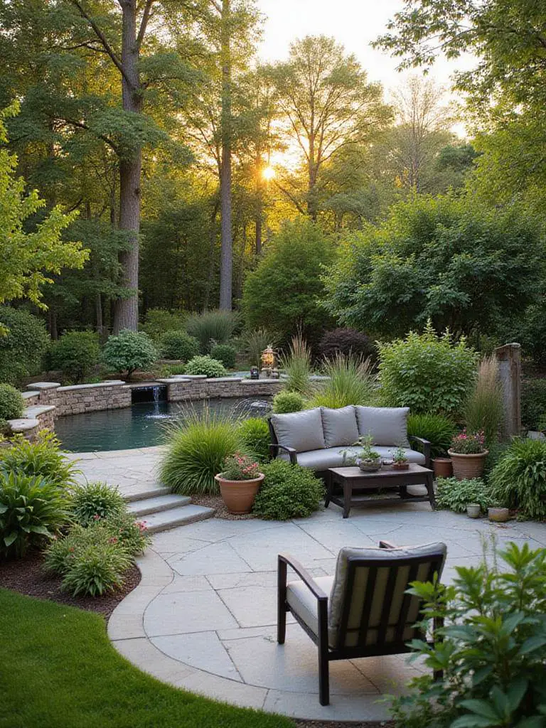 Professional portrait of a landscaped backyard with seating area and water feature