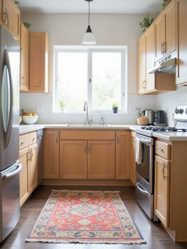 A colorful runner rug defines the workspace in front of the sink in a small, modern kitchen with light wood cabinets.