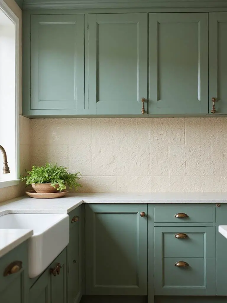 Modern kitchen with green cabinets and textured cream zellige tile backsplash