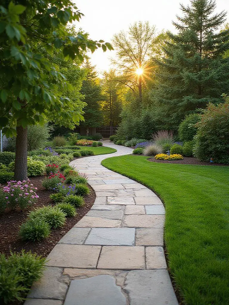 Professional photo of a backyard with strategic walkways made of natural stone surrounded by greenery and flowers.