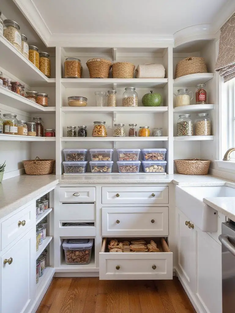 Organized pantry storage system with shelving, containers, and zones for efficient kitchen interior design