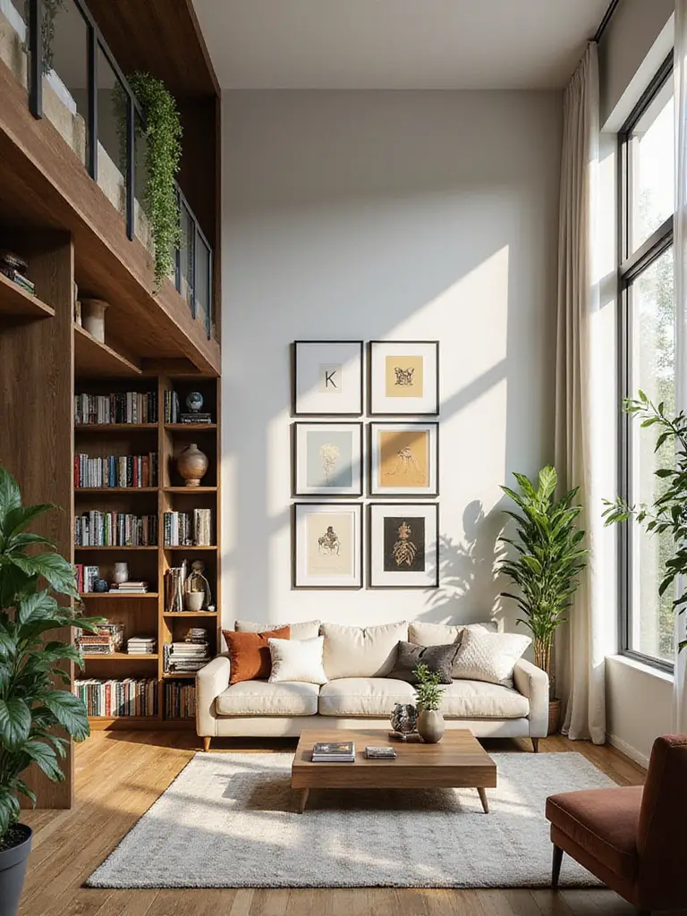 Living room showcasing floor-to-ceiling bookshelves, a high gallery wall, and tall curtains, demonstrating effective use of vertical space.