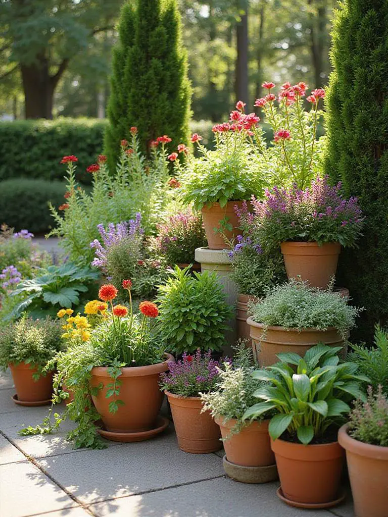 A beautifully designed patio garden featuring a diverse collection of container plants arranged to showcase varying colors, textures, and heights for enhanced aesthetic appeal.
