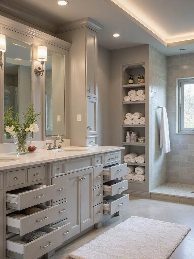 Luxurious dream bathroom featuring extensive built-in storage, including a large vanity with organized drawers, a tall linen cabinet, and recessed shower niches, designed for a clutter-free and serene space.