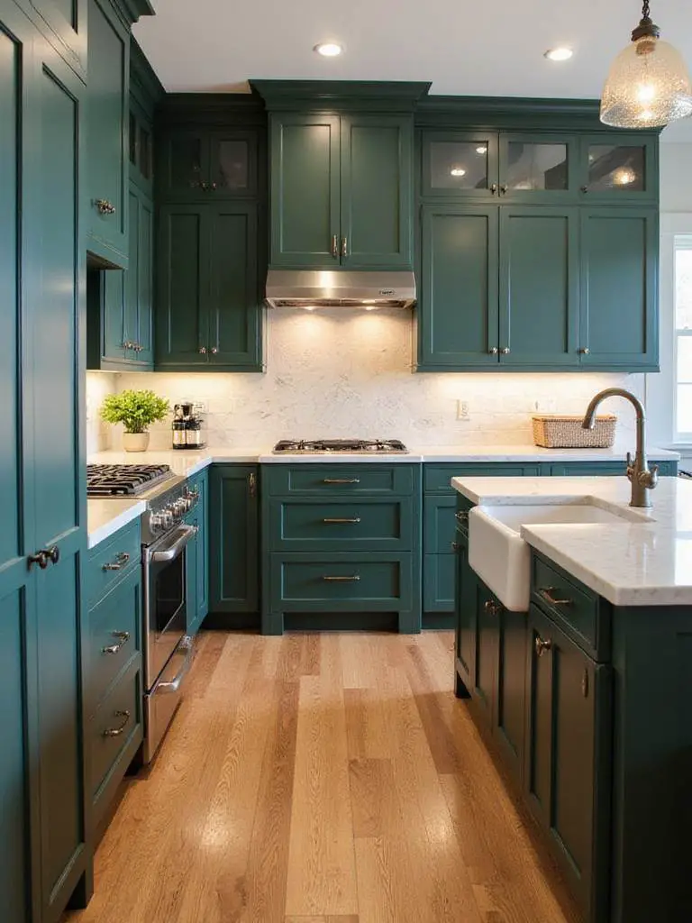 Timeless green kitchen design with Shaker cabinets and marble countertops
