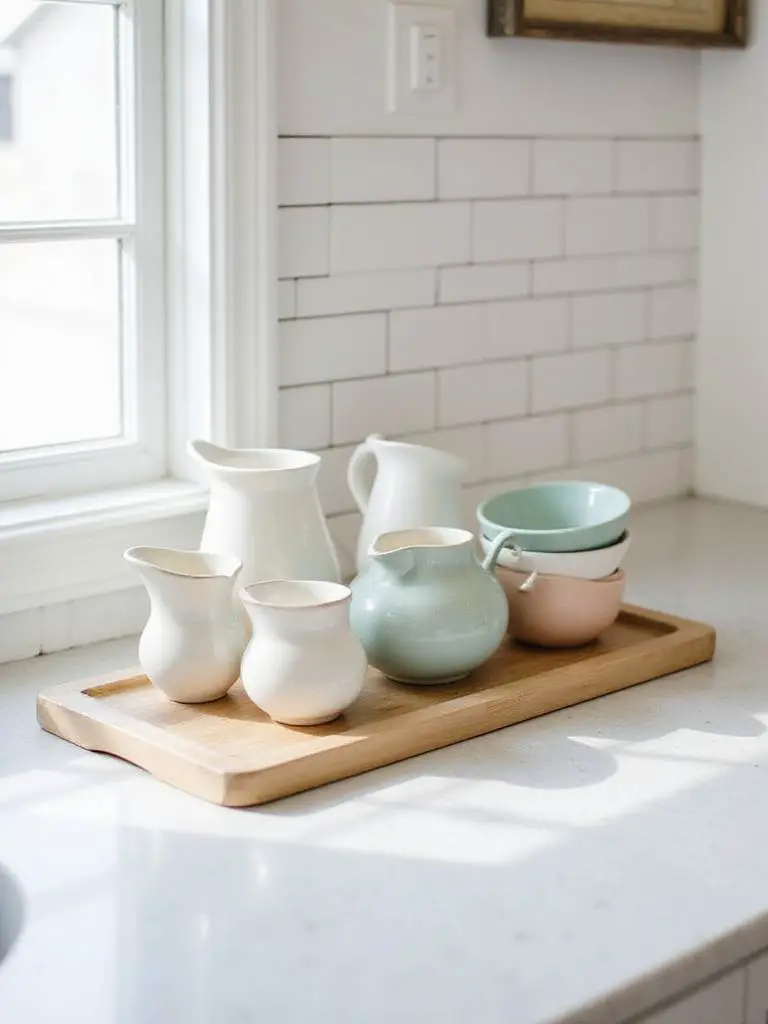 Curated collection of pastel ceramic pitchers and bowls displayed on a wooden tray on a bright kitchen countertop with a subway tile backsplash.