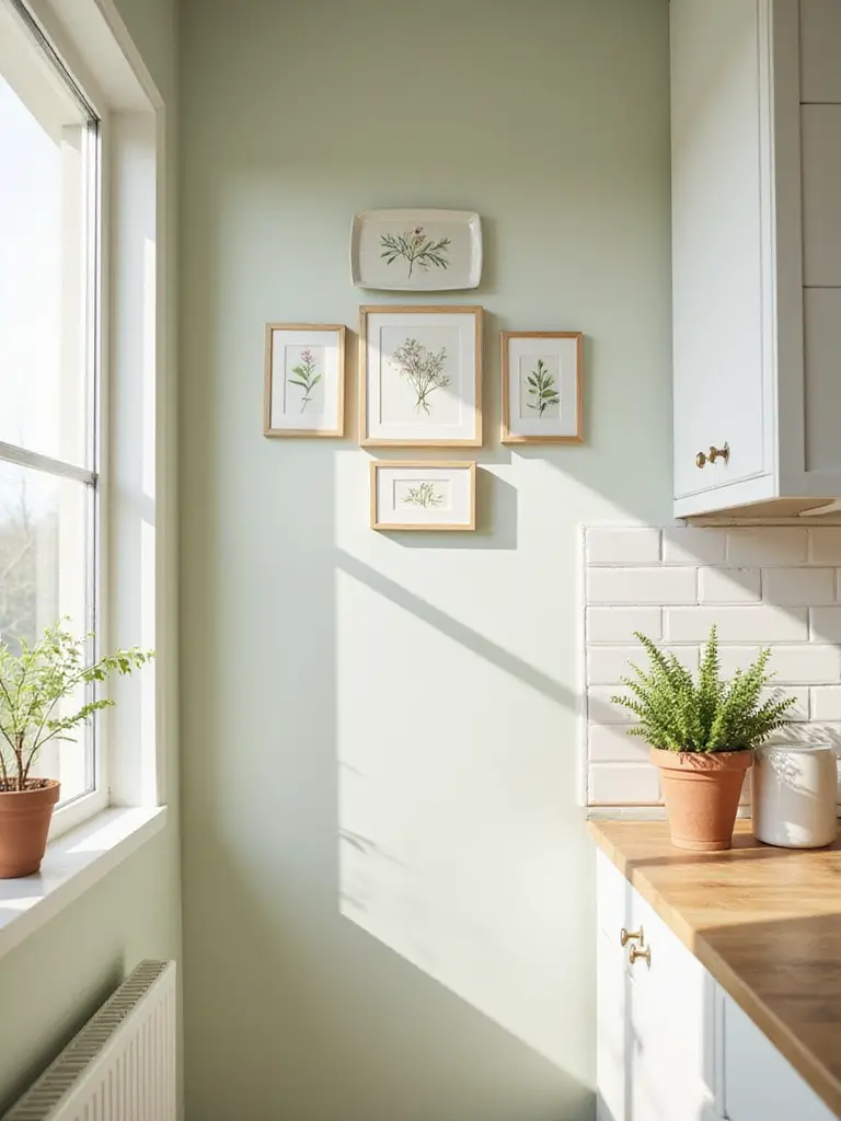 Small kitchen wall decorated with a mini gallery of framed botanical prints and a decorative plate.