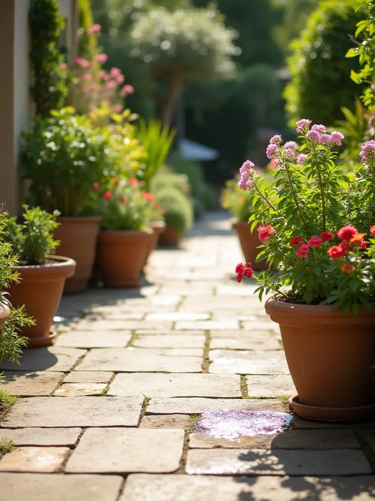 Various healthy container plants on a patio, elevated slightly on pot feet to ensure proper drainage and prevent waterlogging.