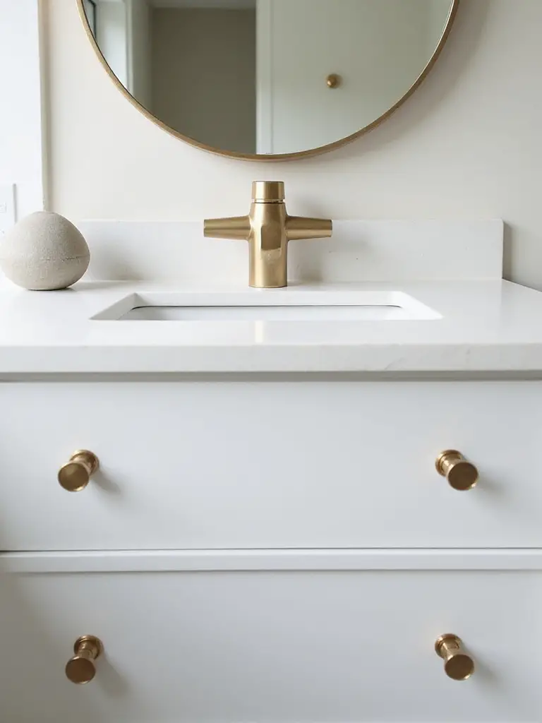 Modern bathroom vanity with unique sculptural brushed gold faucet and textured concrete cabinet pull.