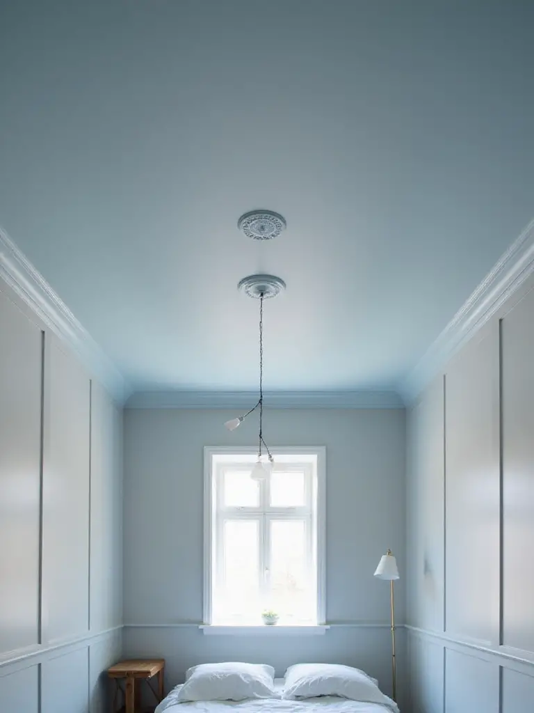 Bedroom with a soft dusty blue painted ceiling and white crown molding, showcasing the importance of the fifth wall in creating a serene atmosphere.