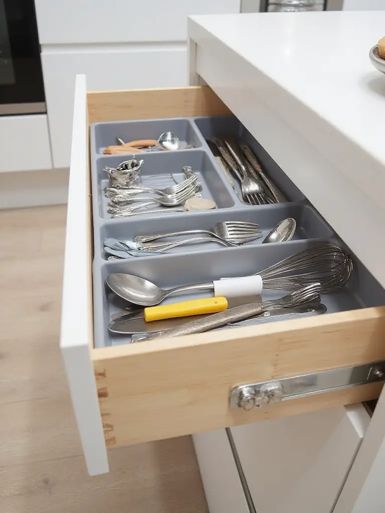 Kitchen drawer pulled open, showcasing bamboo and plastic dividers neatly organizing a variety of kitchen utensils and small gadgets for efficient storage.