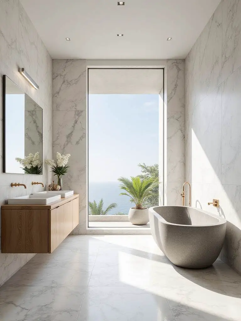 Luxurious bathroom featuring large format white marble walls and floor, a floating wooden vanity, and a freestanding grey stone tub, bathed in natural light.