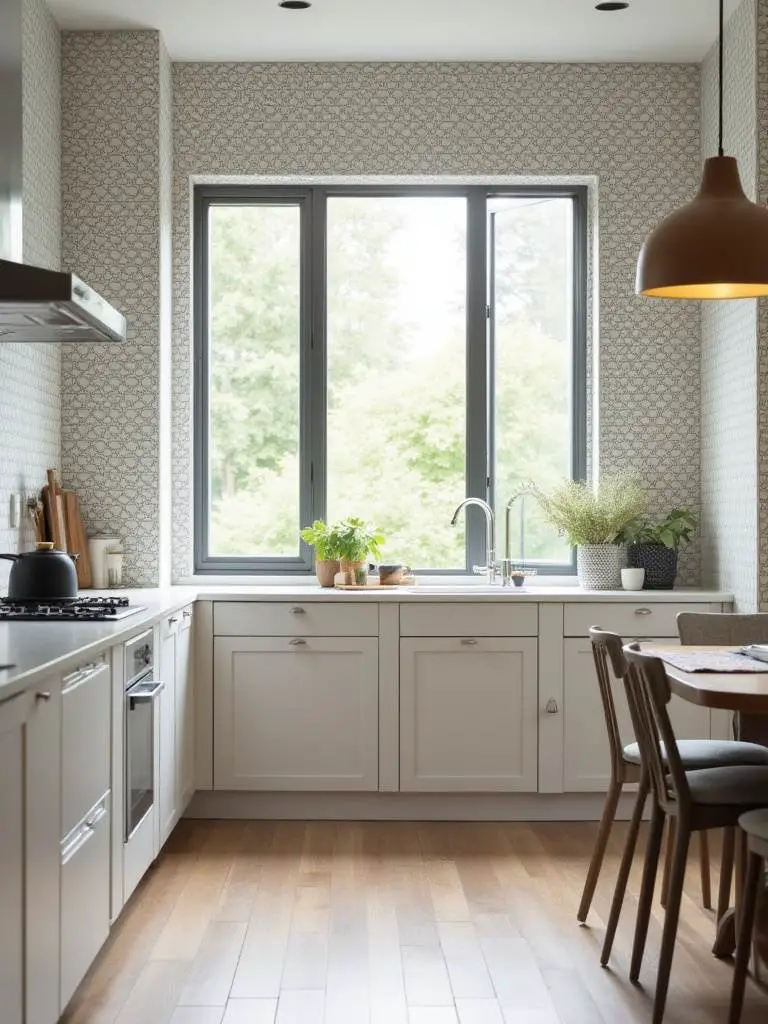 Modern kitchen with chic geometric wallpaper