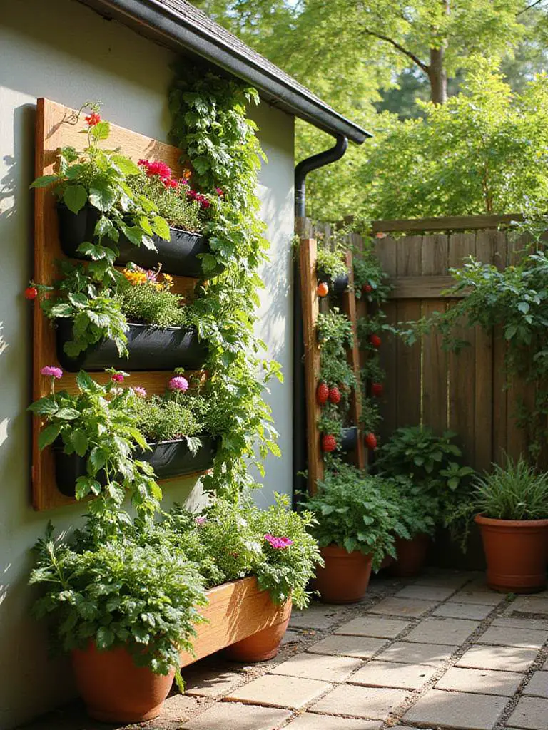 A small patio showcasing various vertical gardening techniques, including a living wall of herbs and flowers, a trellis with climbing vines, and tiered planters, maximizing space and adding greenery.