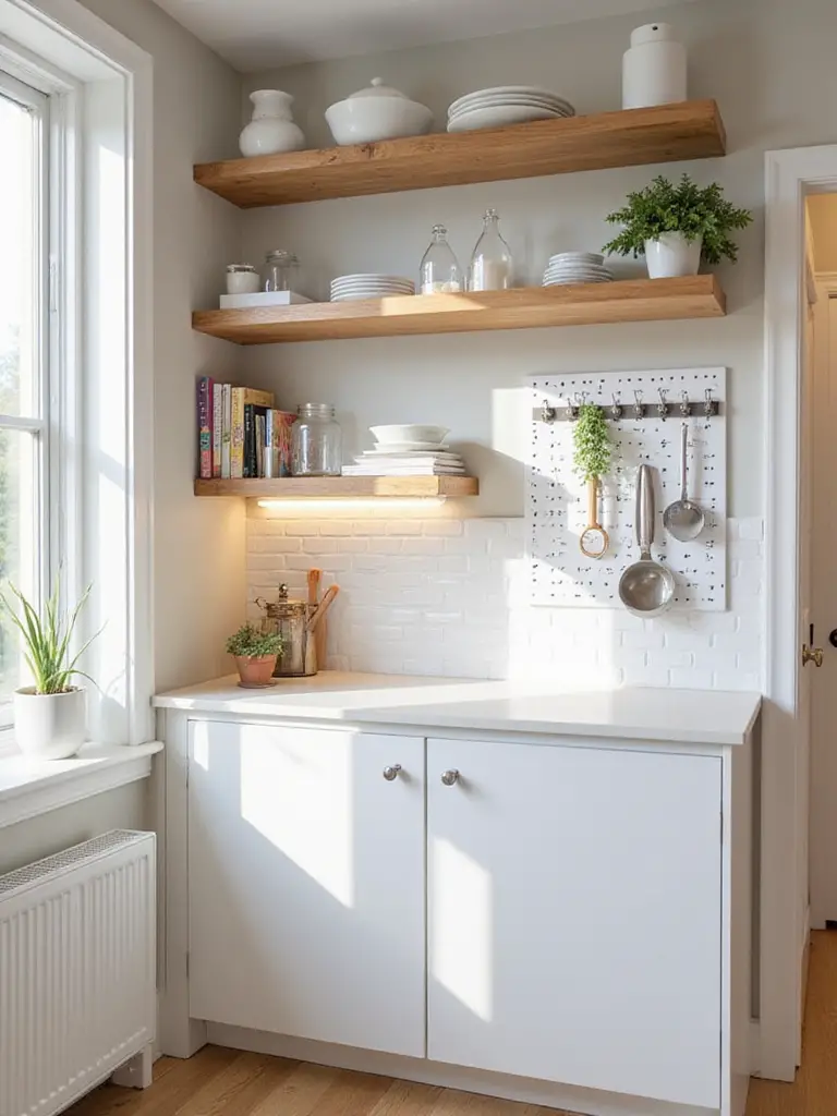 Small, modern kitchen showcasing effective vertical storage with tall open shelves, a magnetic knife strip, and a pegboard system.