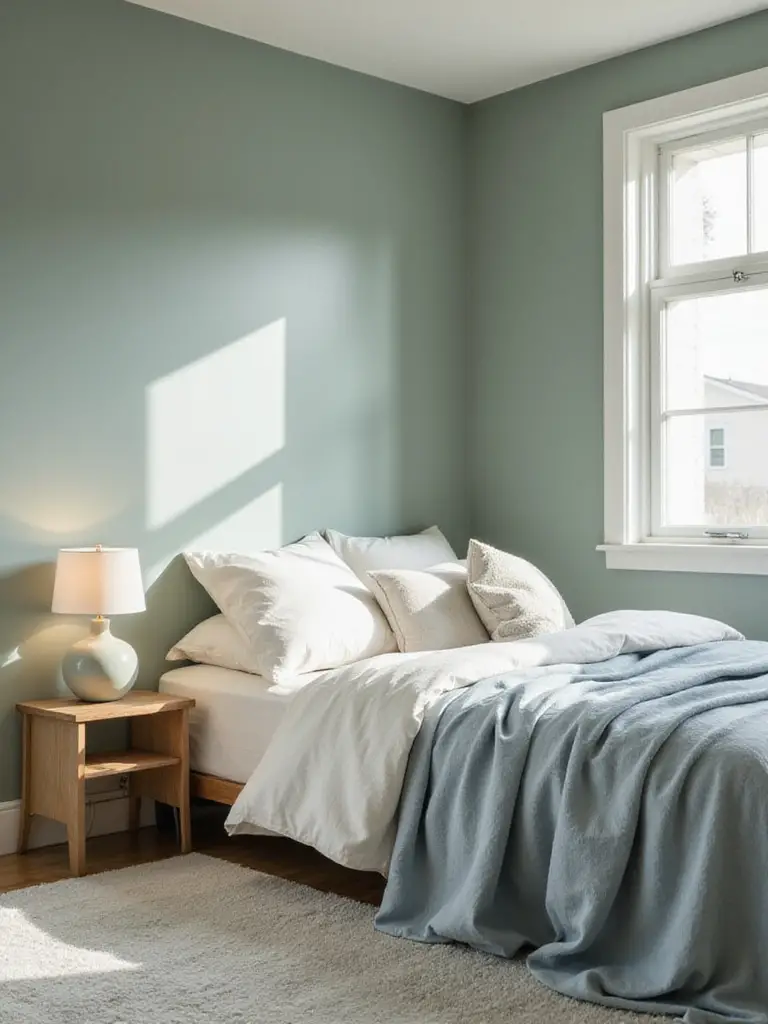 A serene bedroom decorated in a calming color palette of soft sage green, muted blue, and off-white, featuring layered bedding and natural light.