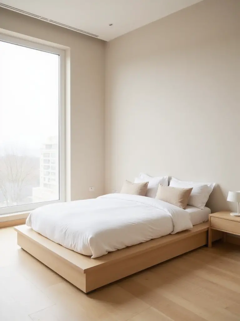 Minimalist bedroom featuring a serene neutral color scheme with beige walls and white bedding.
