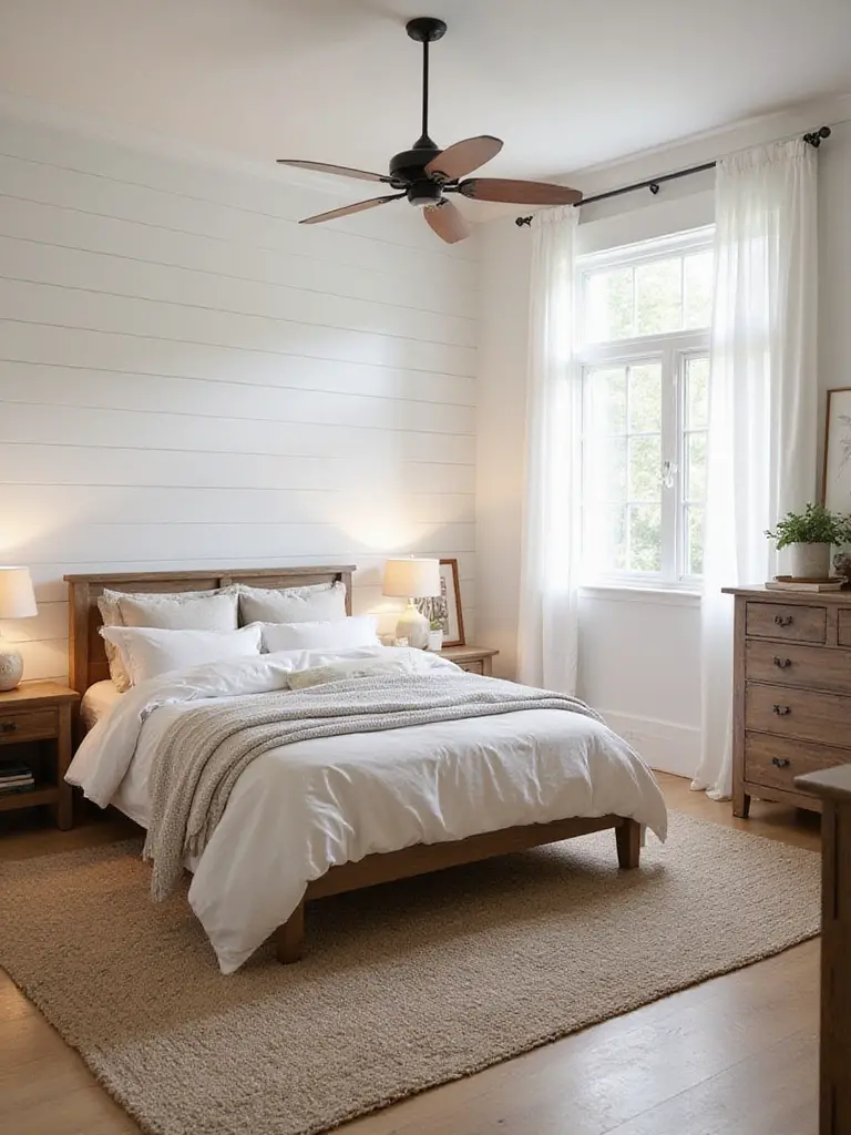 Cozy farmhouse bedroom with white horizontal shiplap accent wall behind a bed with neutral linens.