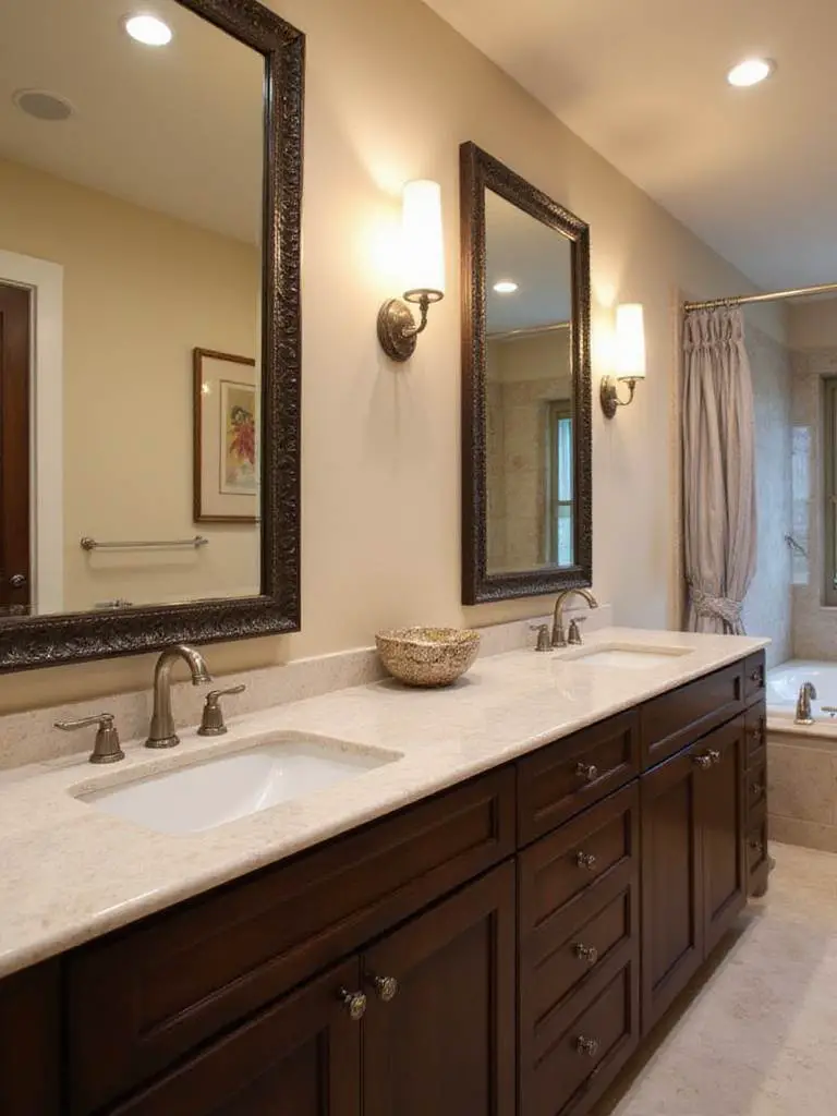 Luxurious master bathroom featuring a wide double vanity with marble countertop, two sinks, large mirrors, and elegant cabinetry.