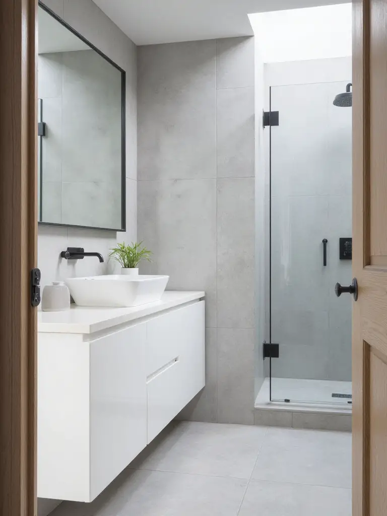 Modern minimalist bathroom with floating white vanity, large mirror, and concrete-look tiles, emphasizing clean lines and simplicity.