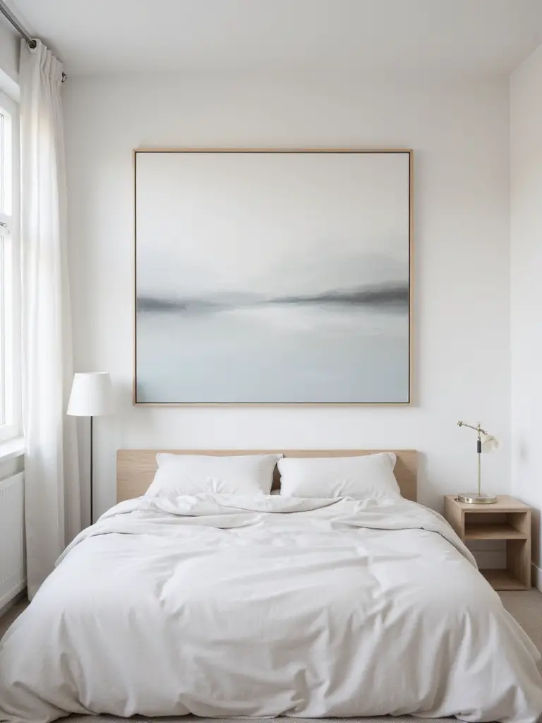 A serene bedroom with a large minimalist abstract painting featuring soft neutral colors hanging above the bed.